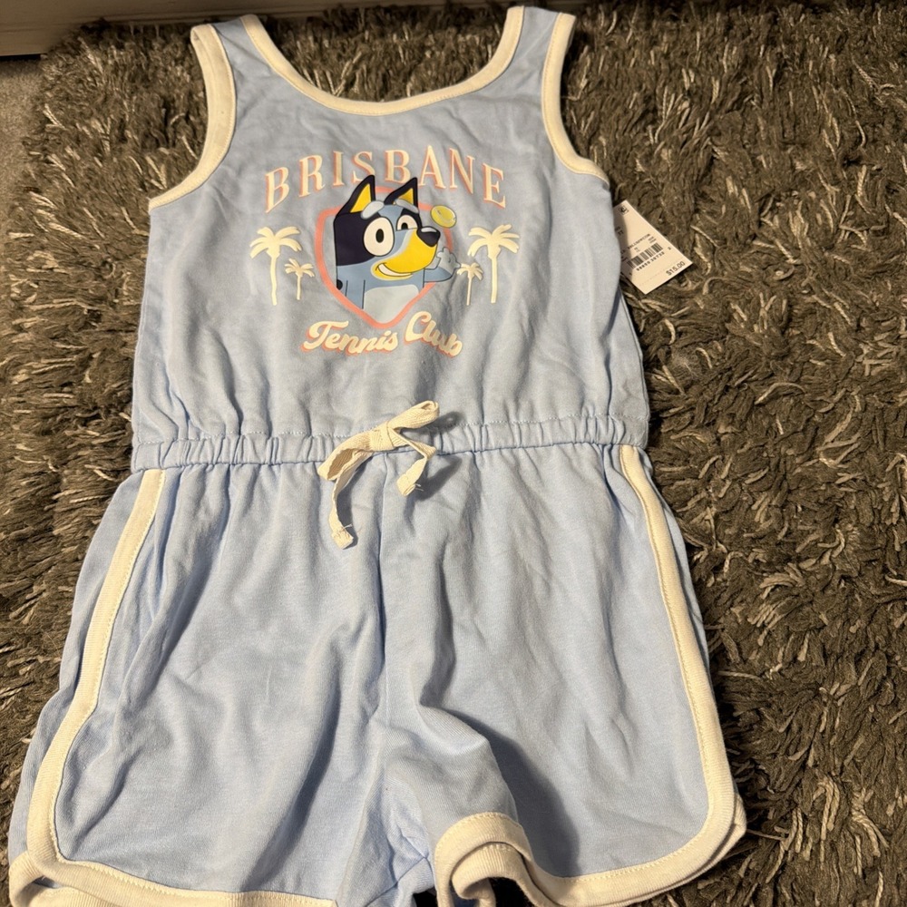 Bluey Girls' Sleeveless Printed Romper New With Tags Light Blue Brisbane  5T